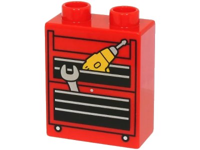LEGO onderdeel Duplo, Brick 1 x 2 x 2 with Tool Trolley with Black Drawers, Yellow Electric Drill and Silver Wrench Pattern (4066pb815)