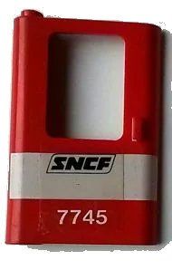 LEGO onderdeel Door 1 x 4 x 5 Train Left, Thin Support at Bottom with White Stripe and 'SNCF 7745' Pattern (Sticker) - Set 7745 (4181pb041)