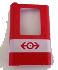 LEGO part Door 1 x 4 x 5 Train Left, Thin Support at Bottom with White Stripe and Train Logo Pattern 4181px1