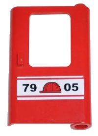 LEGO part Door 1 x 4 x 5 Train Right, Thin Support at Bottom with Red Construction Helmet and '7905' Pattern (Sticker) - Set 7905 4182pb017