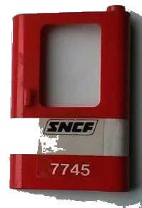 LEGO onderdeel Door 1 x 4 x 5 Train Right, Thin Support at Bottom with White Stripe and 'SNCF 7745' Pattern (Sticker) - Set 7745 4182pb041