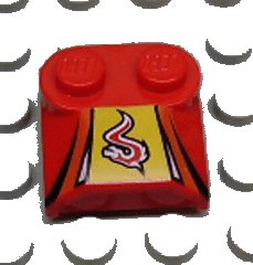 LEGO part Slope, Curved 2 x 2 x 2/3 with 2 Studs and Curved Sides, Lip End with Red/White Flame on Yellow, Black Stripes Pattern (41855pb08)