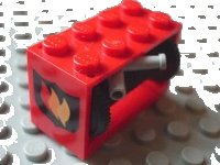LEGO part String Reel 2 x 4 x 2 Holder with Fire Logo Badge Pattern with Black Drum with Black String 35L with Light Gray Hose Nozzle Simple (4209p02 / 4208 / 194cx2) 4209p02c02