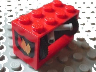 LEGO onderdeel String Reel 2 x 4 x 2 Holder with Fire Logo Badge Pattern with Black Drum with Black String 35L with Light Gray Hose Nozzle Simple (4209p02 / 4208 / 194cx2) (4209p02c02)