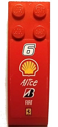 LEGO part Slope, Curved 6 x 2 with Number 6, Shell, Alice, Bridgestone, Fiat, and Ferrari Logos Pattern (Sticker) - Set 8144-2 44126pb058