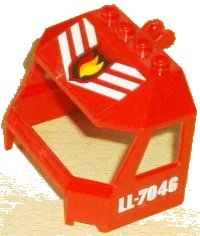 LEGO onderdeel Windscreen 4 x 6 x 4 Cab with Hinge and 1 x 4 Bottom Cutout with Fire Logo Badge with 3 Stripes on Top and 'LL-7046' on Both Sides Pattern (Stickers) - Set 7046 (45406pb004)