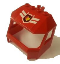 LEGO part Windscreen 4 x 6 x 4 Cab with Hinge and 1 x 4 Bottom Cutout with Fire Logo Badge with 2 Stripes on Top Pattern (Sticker) - Set 7944 45406pb005