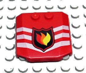 LEGO part Wedge 4 x 4 x 2/3 Triple Curved with Fire Logo Badge and 3 White Chevrons Pattern (45677px1)