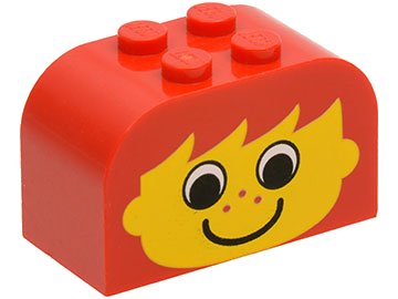 LEGO part Slope, Curved 4 x 2 x 2 Double with 4 Studs with Yellow Face with Eyes, Freckles, and Smile Pattern (4744px3)