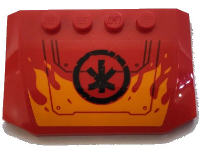 LEGO part Wedge 4 x 6 x 2/3 Triple Curved with Bright Light Orange Flames, Hull Plates with Rivets, and Black Ninjago Logogram Letter K in Circle Pattern (Sticker) - Set 70675 (52031pb171)