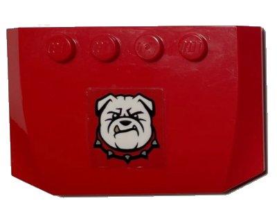 LEGO part Wedge 4 x 6 x 2/3 Triple Curved with White Bulldog with Spiked Collar on Red Background Pattern (Sticker) - Set 60246 (52031pb187)