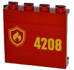 LEGO part Panel 1 x 4 x 3 with Side Supports - Hollow Studs with Yellow and Red Fire Logo Badge and '4208' on Right Pattern (Sticker) - Set 4208 (60581pb013R)