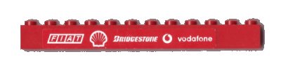 LEGO part Brick 1 x 12 with White 'FIAT', Shell Logo, 'BRIDGESTONE', Vodafone Logo and 'vodafone' on Red Background Pattern (Sticker) - Set 8654 (6112pb010)