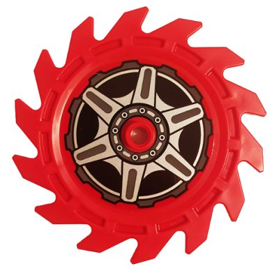 LEGO part Technic Circular Saw Blade 9 x 9 with Pin Hole and Teeth in Same Direction with Wheel Spokes and Hub Pattern on Both Sides (Stickers) - Set 70642 (61403pb04)