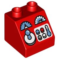 LEGO onderdeel Duplo, Brick 2 x 2 x 1 1/2 Slope 45 with Joystick, Gauges, and Buttons Pattern (6474pb36)