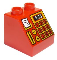 LEGO part Duplo, Brick 2 x 2 x 1 1/2 Slope 45 with Cash Register, Card Reader, Receipt, and '1.23' Pattern 6474pb41