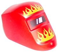 LEGO part Minifigure, Visor Welding with Flames Orange and Yellow Pattern 65195pb01