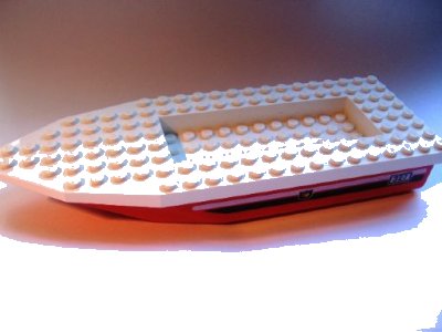 LEGO onderdeel Boat, Hull Unitary 22 x 8 x 2 1/3 with White Top with Number 327 and Fire Logo on Black and White Stripes Pattern on Both Sides (71958pb01 / 30255) (71958c01pb01)