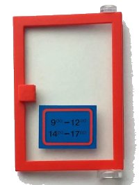 LEGO part Door 1 x 4 x 5 Right with Trans-Clear Glass and Blue Open Hours '9-12 / 14-17' Pattern (Sticker) - Set 6373 73435c01pb01