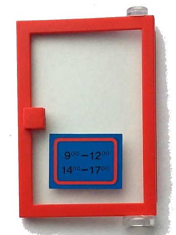 LEGO onderdeel Door 1 x 4 x 5 Right with Trans-Clear Glass and Blue Open Hours '9-12 / 14-17' Pattern (Sticker) - Set 6373 (73435c01pb01)