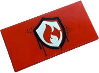 LEGO part Tile 2 x 4 with Lopsided Silver Fire Logo Badge with Black Border Dripping Paint Pattern 87079pb1494
