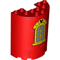 LEGO part Cylinder Half 3 x 6 x 6 with 1 x 2 Cutout with Curved Yellow Window with Bricks and Mickey Mouse Logo Pattern (87926pb020)