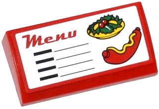 LEGO onderdeel Slope, Curved 2 x 4 x 2/3 with Bottom Tubes with 'Menu', Salad and Hot Dog Pattern (Sticker) - Set 60050 (88930pb044)