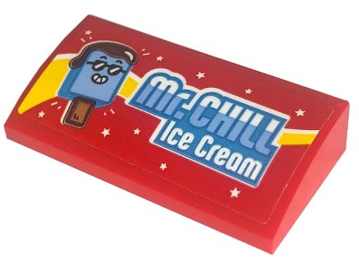 LEGO onderdeel Slope, Curved 2 x 4 x 2/3 with Bottom Tubes with 'Mr.CHILL Ice Cream' Pattern (Sticker) - Set 60253 (88930pb117)
