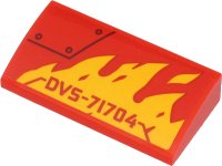 LEGO part Slope, Curved 2 x 4 x 2/3 with Bottom Tubes with 'DVS-71704', Yellow Flames and Black Line and Circles Pattern Model Left Side (Sticker) - Set 71704 88930pb129L