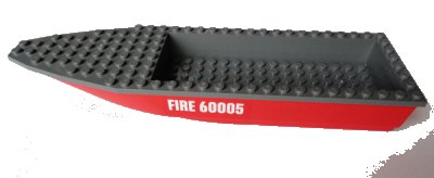 LEGO onderdeel Boat, Hull Unitary 28 x 8 with Dark Bluish Gray Top with 'FIRE 60005' Pattern on Both Sides (Stickers) - Set 60005 (92710c01pb03)