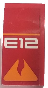 LEGO part Slope, Curved 4 x 2 with Orange Line and Broken Triangle and White 'E12' Pattern (Sticker) - Set 70615 93606pb092