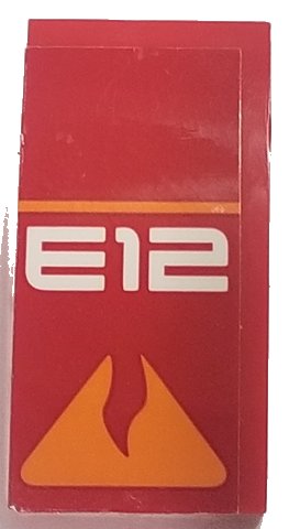 LEGO part Slope, Curved 4 x 2 with Orange Line and Broken Triangle and White 'E12' Pattern (Sticker) - Set 70615 (93606pb092)