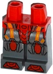 LEGO part Hips and Dark Bluish Gray Legs with Orange and Gold Circuitry, Red and Silver Armor and Red Knee Pads and Boots Pattern 970c85pb14
