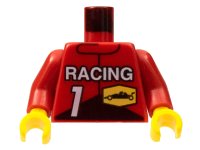 LEGO part Torso Race Driver with White 'RACING', Number 1, and Black Race Car on Yellow Hexagon Pattern / Red Arms / Yellow Hands 973pb0095c01