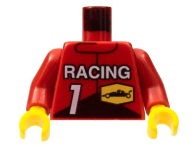 LEGO onderdeel Torso Race Driver with White 'RACING', Number 1, and Black Race Car on Yellow Hexagon Pattern / Red Arms / Yellow Hands (973pb0095c01)