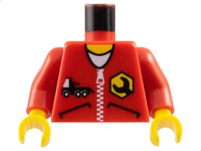 LEGO onderdeel Torso Wrench Logo on Zippered Jacket with Truck Pattern / Red Arms / Yellow Hands (973pb0114c01)