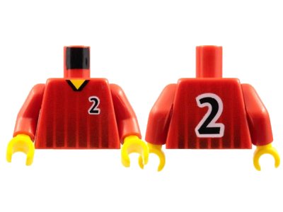 LEGO onderdeel Torso Soccer Black Fading Stripes and Number 2 Front and Back Pattern / Red Arms / Yellow Hands (973pb0167c01)