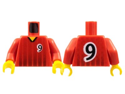 LEGO onderdeel Torso Soccer Black Fading Stripes and Number 9 Front and Back Pattern / Red Arms / Yellow Hands (973pb0171c01)