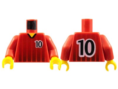 LEGO onderdeel Torso Soccer Black Fading Stripes and Number 10 Front and Back Pattern / Red Arms / Yellow Hands (973pb0173c01)