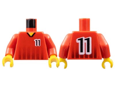 LEGO onderdeel Torso Soccer Black Fading Stripes and Number 11 Front and Back Pattern / Red Arms / Yellow Hands (973pb0175c01)