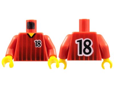 LEGO onderdeel Torso Soccer Black Fading Stripes and Number 18 Front and Back Pattern / Red Arms / Yellow Hands (973pb0211c01)