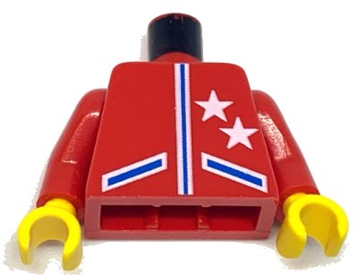 LEGO onderdeel Torso Racing Jacket with 2 White Stars, Pockets and Blue Lines Pattern / Red Arms / Yellow Hands (973pb0249c01)
