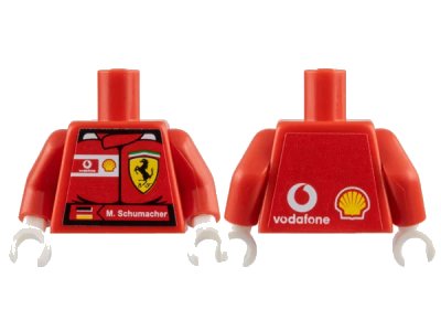 LEGO onderdeel Torso Racers Ferrari Front, Vodafone Back (Stickers) with M. Schumacher Name Pattern / Red Arms / White Hands (973pb0341c01)