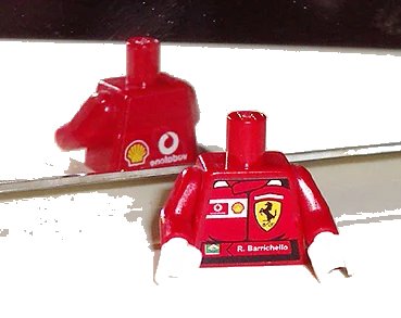 LEGO onderdeel Torso Racers Ferrari front, Vodafone back (Stickers) with R. Barrichello Name Pattern / Red Arms / White Hands (973pb0342c01)