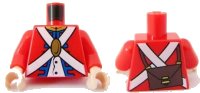 LEGO part Torso Imperial Soldier Uniform Jacket with Blue and Gold Trim over White Shirt with Buttons, Crossbelts with Oval Clasp, Dark Brown Ammo Pouch on Back Pattern (Redcoat) / Red Arms / Light Nougat Hands 973pb0527c02