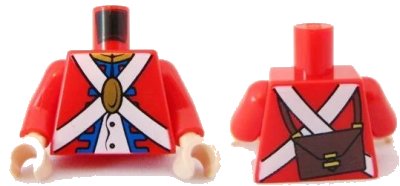 LEGO onderdeel Torso Imperial Soldier Uniform Jacket with Blue and Gold Trim over White Shirt with Buttons, Crossbelts with Oval Clasp, Dark Brown Ammo Pouch on Back Pattern (Redcoat) / Red Arms / Light Nougat Hands (973pb0527c02)