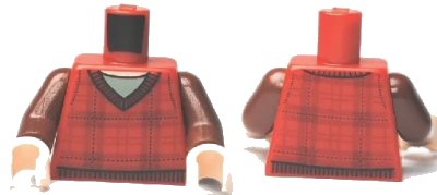 LEGO onderdeel Torso Plaid Sweater with V-Neck Collar and Dark Red Lines over Light Bluish Gray Shirt, Light Nougat Neck Pattern / Reddish Brown Arms / Light Nougat Hands (973pb0754c01)