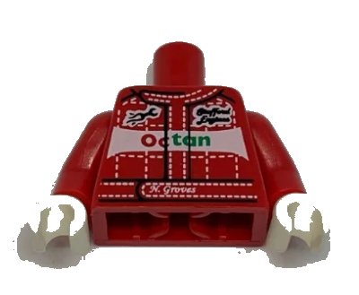 LEGO onderdeel Torso Octan Racing Suit with White Stitching and 'N. Groves' Pattern / Red Arms / White Hands (973pb0802c01)