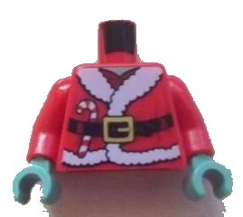 LEGO onderdeel Torso Santa Jacket with Fur, Black Belt and Candy Cane Pattern / Red Arms / Sand Green Hands (973pb0950c01)
