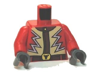 LEGO onderdeel Torso Jacket with Lightning Zigzag and Steer / Bull's Head Belt Buckle Pattern / Red Arms / Dark Bluish Gray Hands (973pb1383c01)